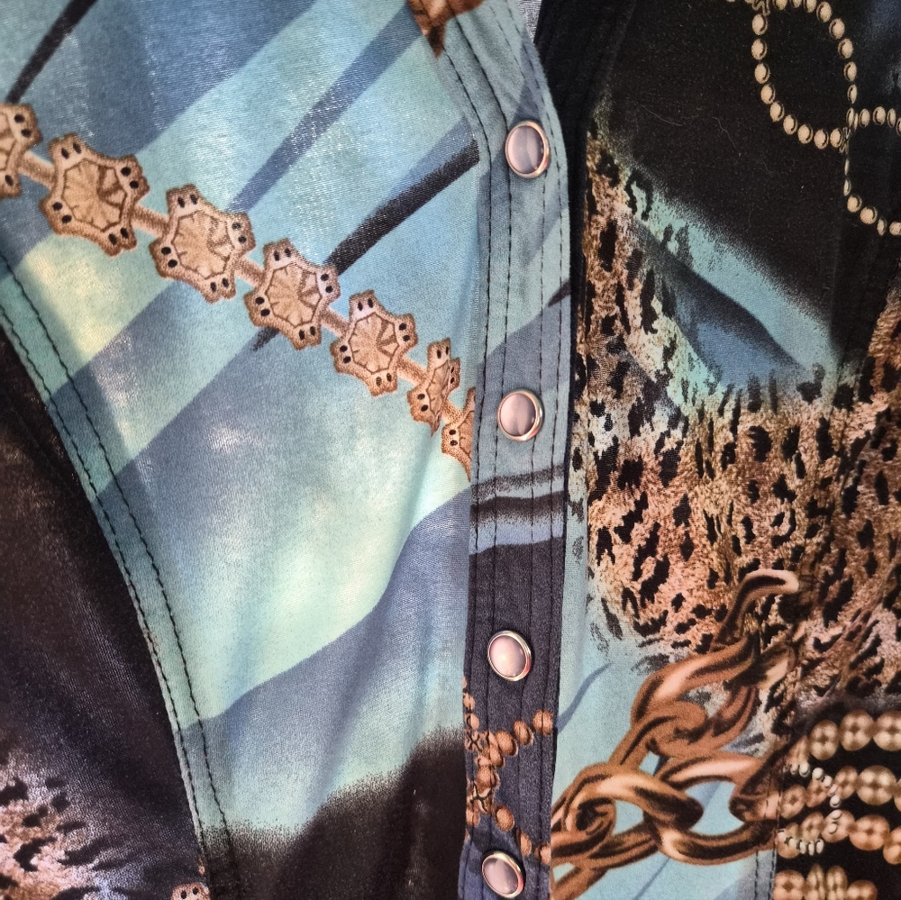 Cache Multicolor Chain and Leopard Print Blouse - image 4